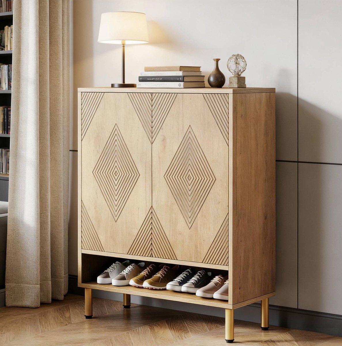 MODENUIT Schoenenkast - 7-Laags Opbergkast Met Open Vak - Hal En Woonkamer - Hout - Naturel - 73x35x115,5 Cm