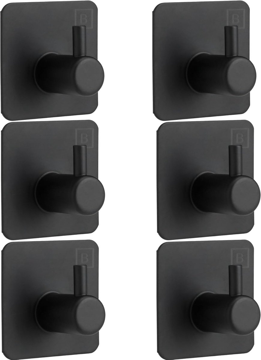 Wandhaken zelfklevend pack van 6 - zwart - zonder boren - ideaal voor gladde oppervlakken - ShopVlot