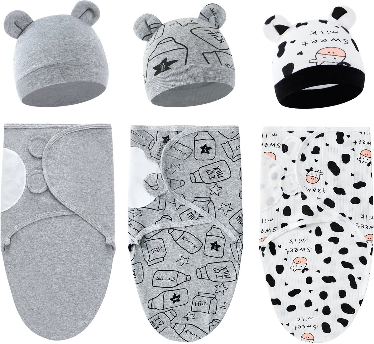 Set van 3 babywikkeldekens, 100% katoen, zacht en ademend, met schattige capuchons. Geschikt voor baby's van 0-3 maanden en pasgeborenen om schrikreacties te voorkomen,Set 14