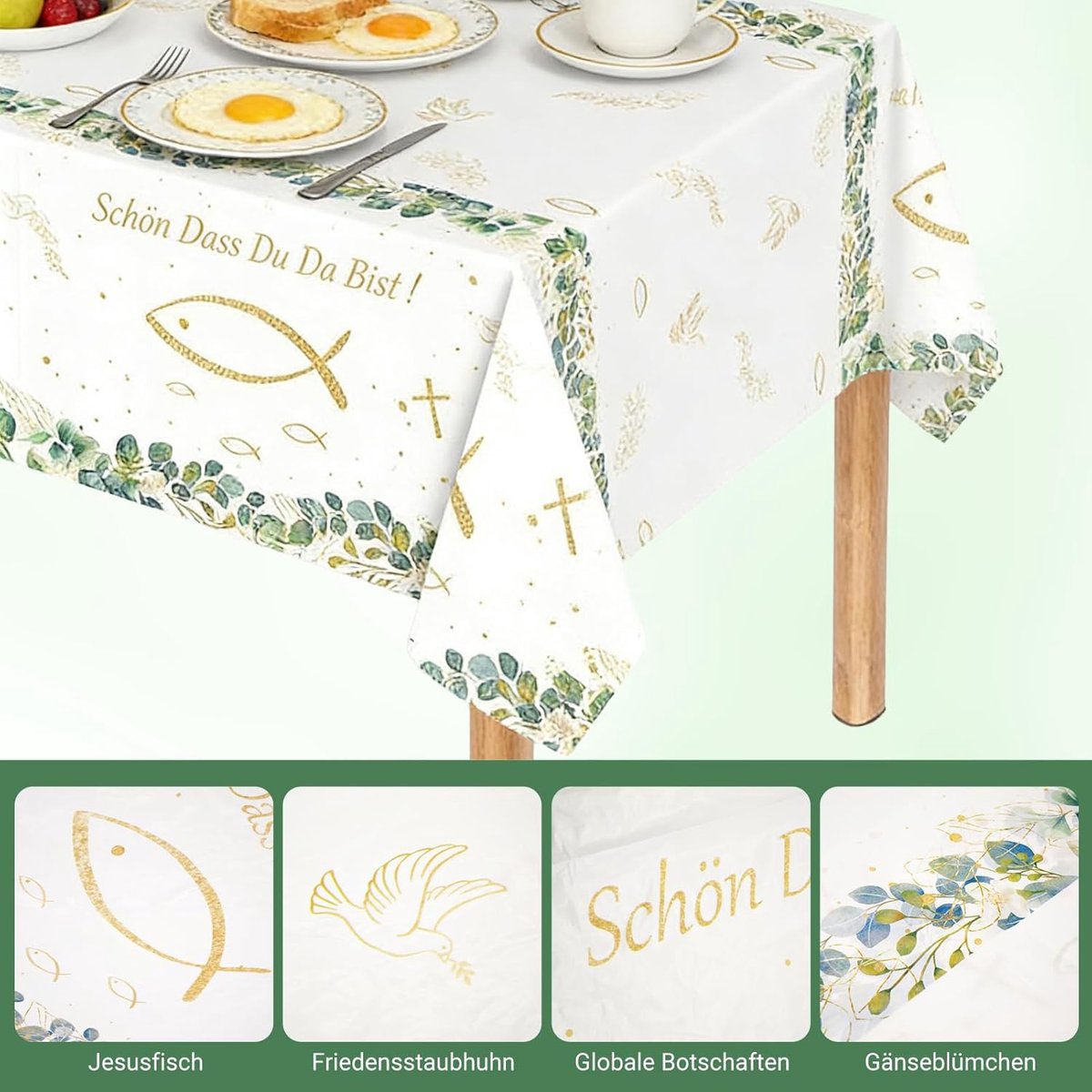 Tafellaken Heilige Communie 137 x 274 cm - Christen Thema - Met gouden vissen en kruisen - ShopVlot