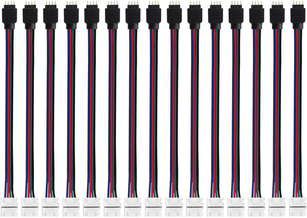RGB LED strip connectors 15-pack - 4 pin 10 mm - met verlengkabel 16 cm - snel aansluiten zonder solderen - ShopVlot