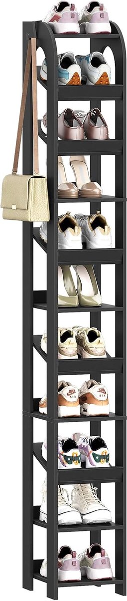 Hzuaneri Verticaal schoenenrek, 11 niveaus, smal schoenenrek, houten schoenenorganizer voor kast, ingang, schoentoren voor kleine ruimtes, vrijstaand, verstelbaar, met haken, zwart