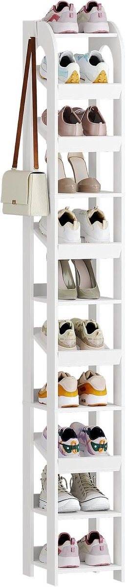 Hzuaneri Verticaal schoenenrek, 11 niveaus, met haken, 25 cm breed, wit, houten schoenenorganizer voor kast/hal, schoenentoren voor kleine ruimtes, vrijstaand, verstelbaar