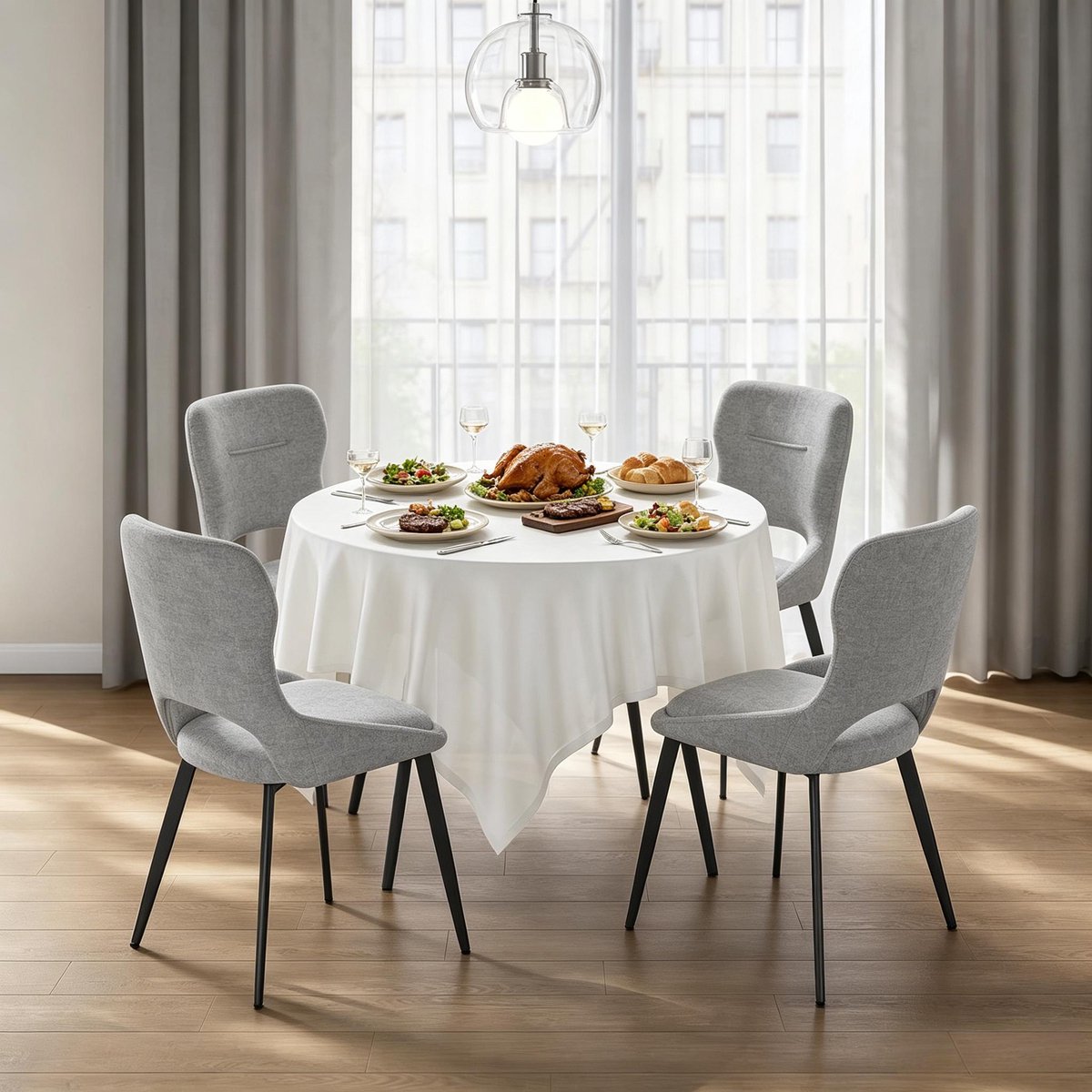 Eetkamerstoel - Gestoffeerde Chenille Zitting - Voor Eetkamer En Woonkamer - Metaal - Grijs - Set Van 4