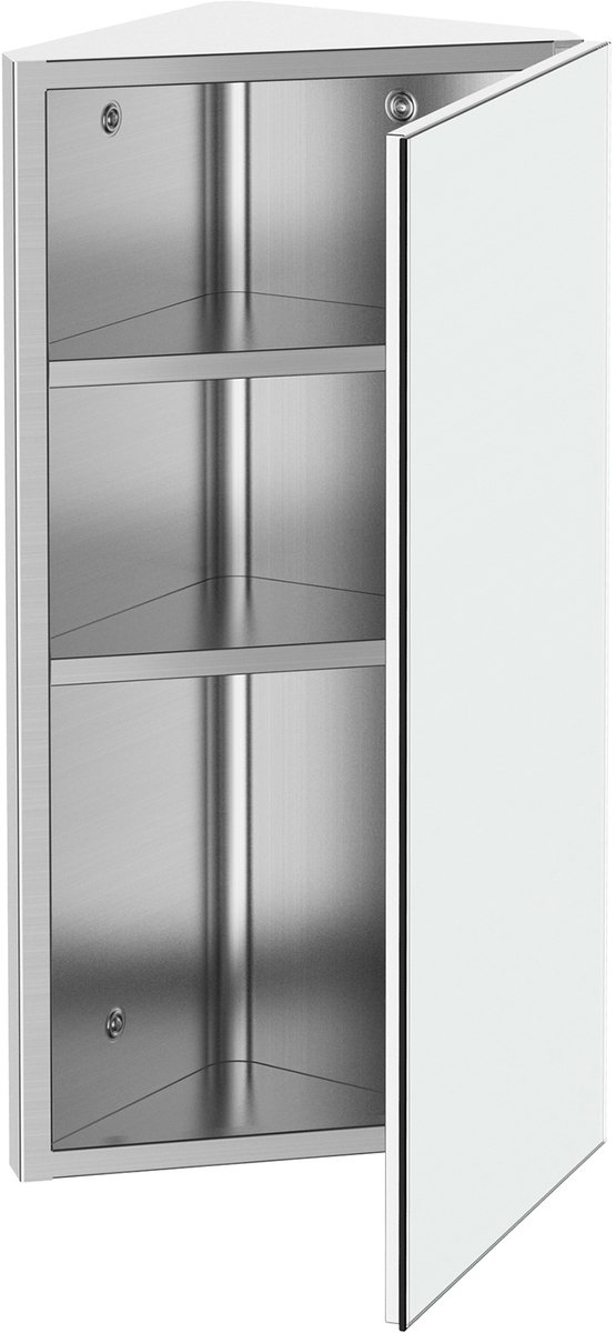 Hoekbadkamerspiegelkast -wandgemonteerde opbergkast met planken - 2 verdiepingen - 30L x 18,4l x 60H cm - roestvrij staal - zilverkleurig