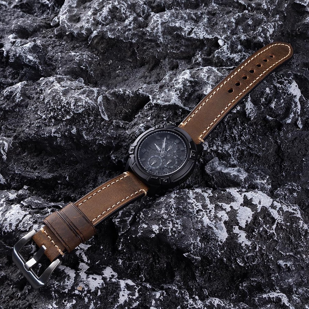 Horlogeband 20mm 22mm 24mm - Runderleer Retro Vintage - Zwart Bruin - Comfortabele pasvorm - SnelShoppen
