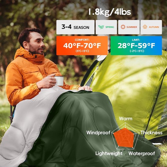 Kampeerslaapzak XL - Slaapzak volwassenen - Kamperen en outdoor - Waterproof en warm - 90 x 230 cm - Groen — afbeelding 5