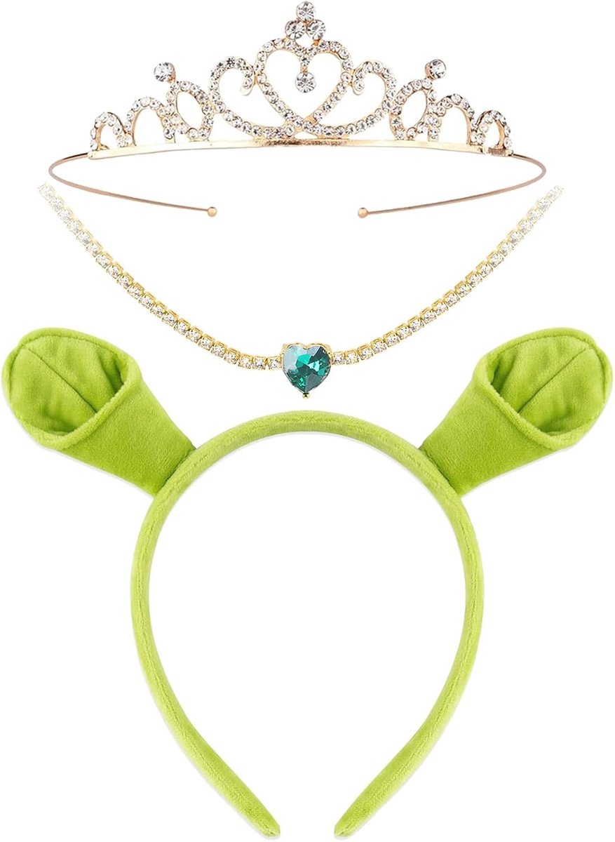 Hoofdband met oren en kroon - 3-delige set - Oger groen - Perfect voor Halloween en cosplay - SnelShoppen