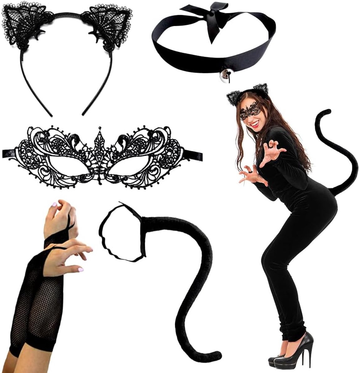 Carnaval kostuum set dames - 5-delig zwart katten kostuum - met kantmasker en kat staart - SnelShoppen
