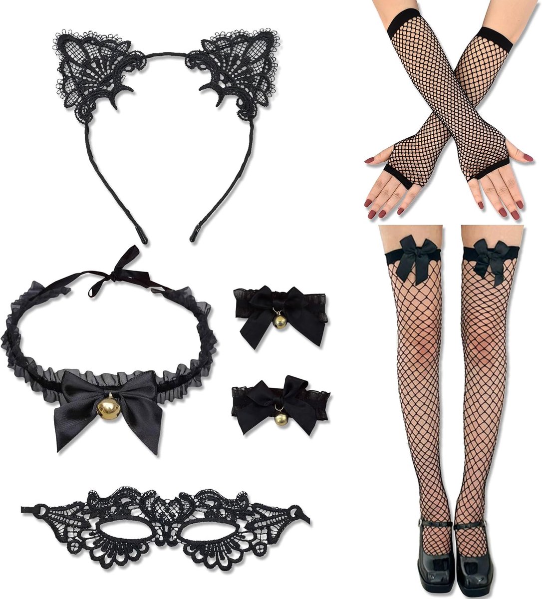Dames kattenkostuum set - 6 delig - met oortjes, masker, ketting, kant handschoenen en netkousen - SnelShoppen