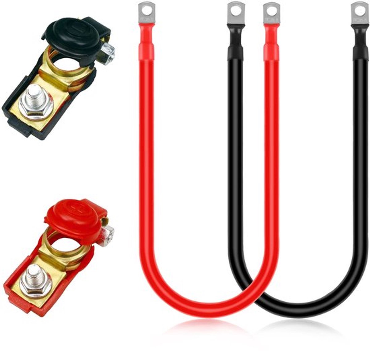 Verpakking van 2 accukabels, 16 mm²-50 cm, 5 AWG, 12 V, koperen accukabel met 1 paar ringklemmen, rood en zwart voor motorfiets, auto, boot