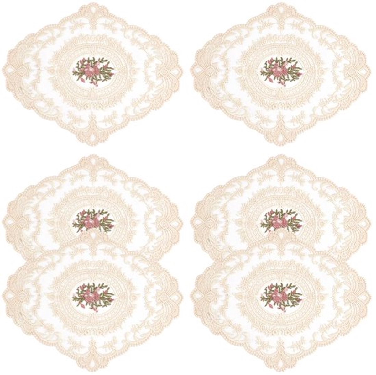 6pcs Beige Retro Kant Tafelmatten 21.4cm x 26.6cm Ovale Geborduurde Placemat Set