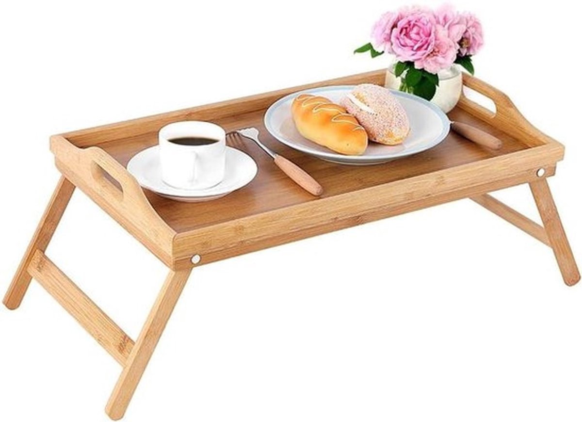 Opklapbare ontbijttafel voor bed van duurzaam materiaal met verstelbare hoogte en anti-slip oppervlak, ideaal als laptop tray en ontbijtplankje, 63 x 27,2 x 22,5 cm