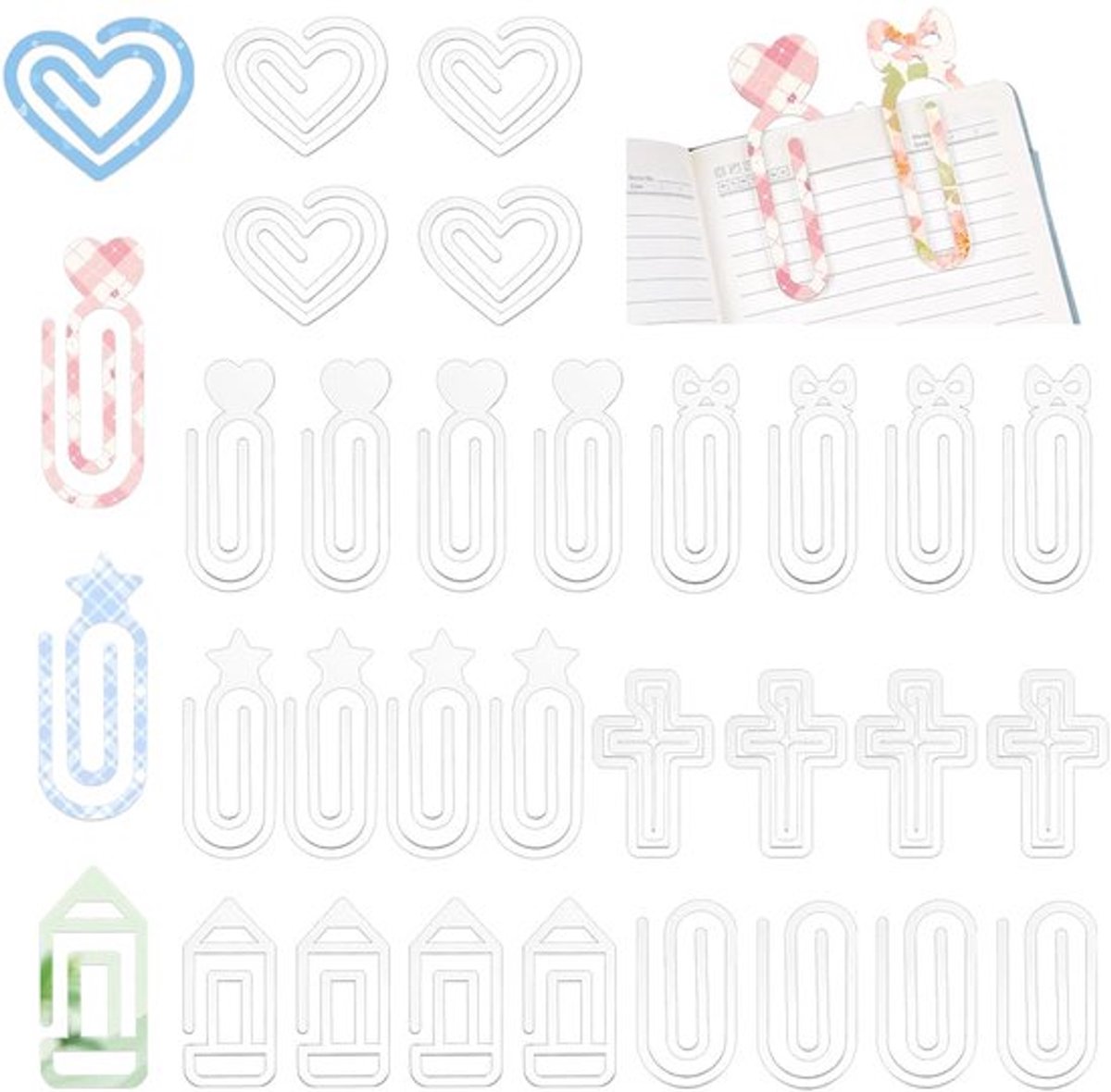 28 stuks sublimatie acryl paperclips, 7 stijlen hart-, kruis- en penvormige transparante paperclips, ideaal voor kantoor, schoolspullen, knutselprojecten thuis en als cadeau.