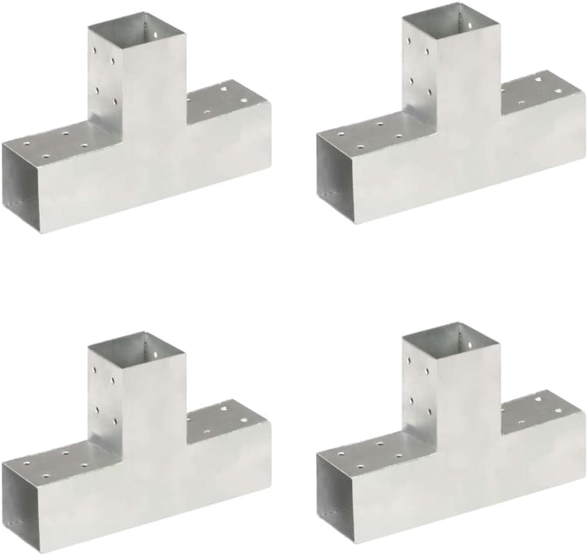 4 stuks T-vorm verzinkt metaal 71x71mm | Voorgeboord, galvanisch verzinkt, voor 3 vierkante balken, buiten