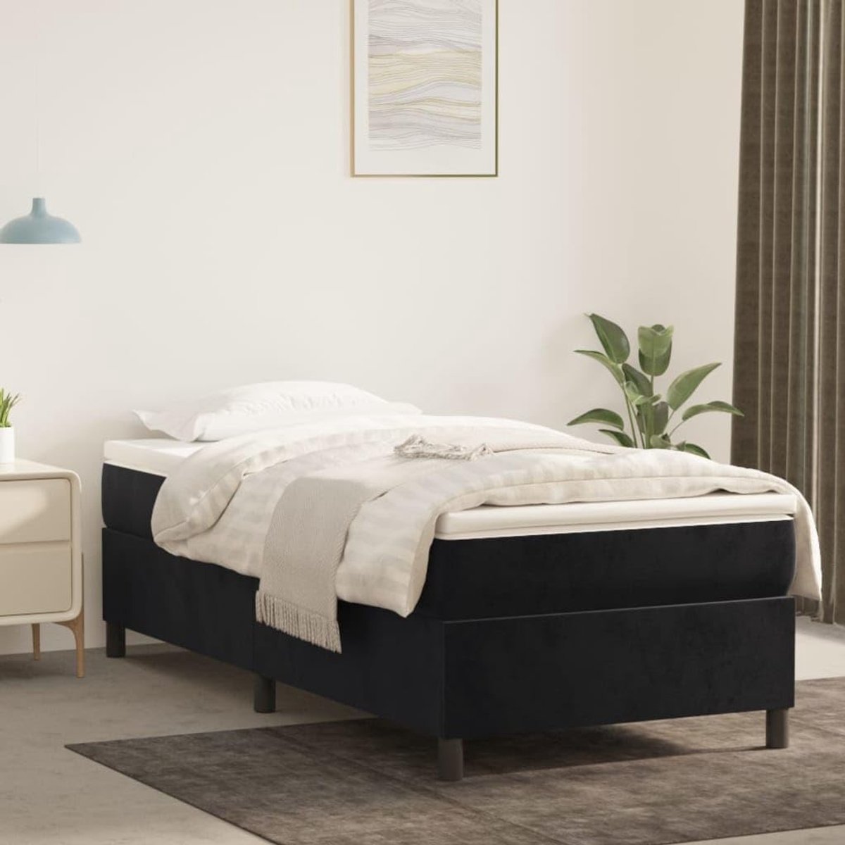 Pocketvering matrasbed Middelhard Zwart 90x190 cm | Boxspring met matras fluweel zwart 90x190 cm pocketvering matras middelhard slaapcomfort