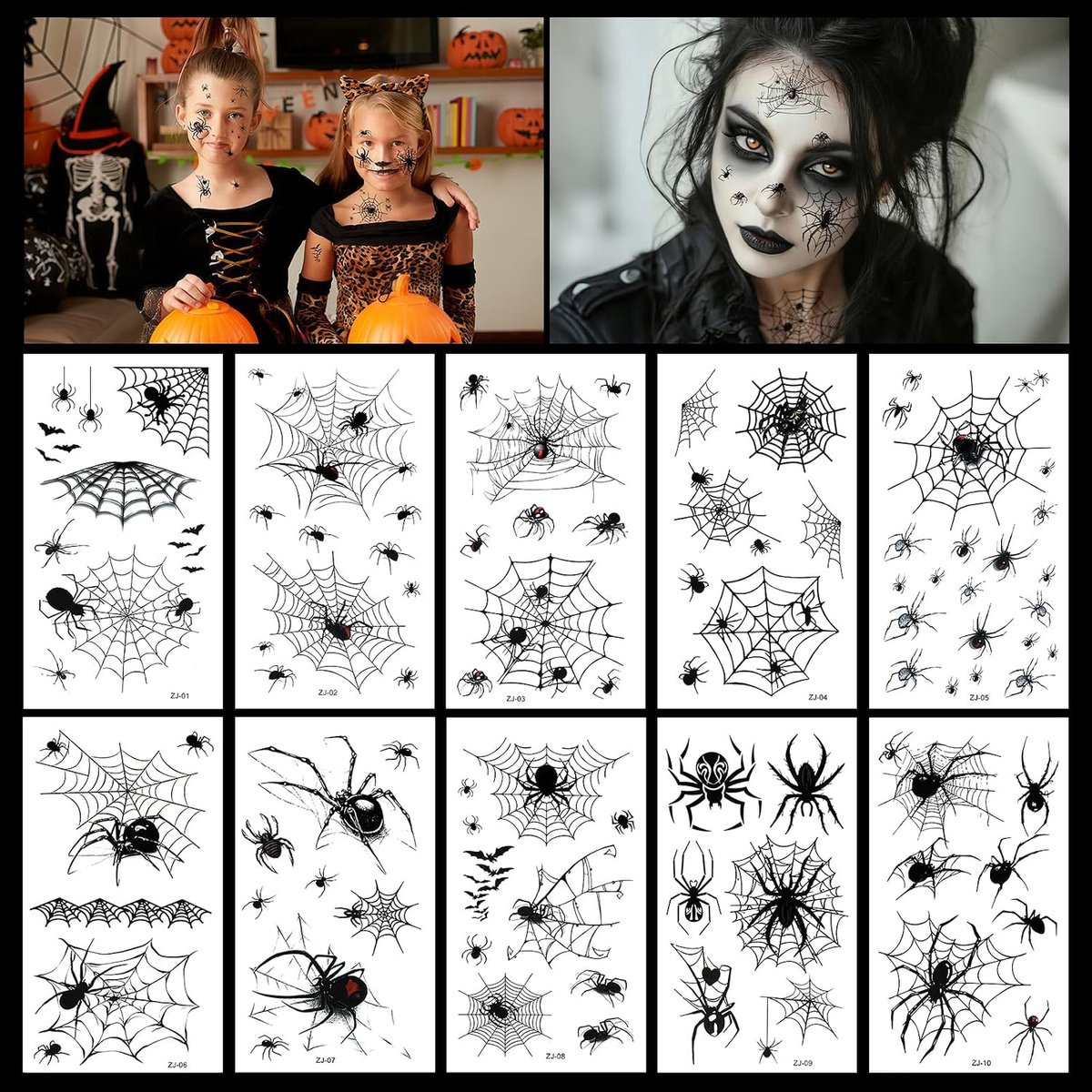 Halloween gezichtstattoo, 10 vellen zelfklevende tatoeages voor volwassenen en kinderen, spinnenweb, tijdelijke tatoeages, spinnen tattoos, gezicht, voor Halloween, carnaval, party