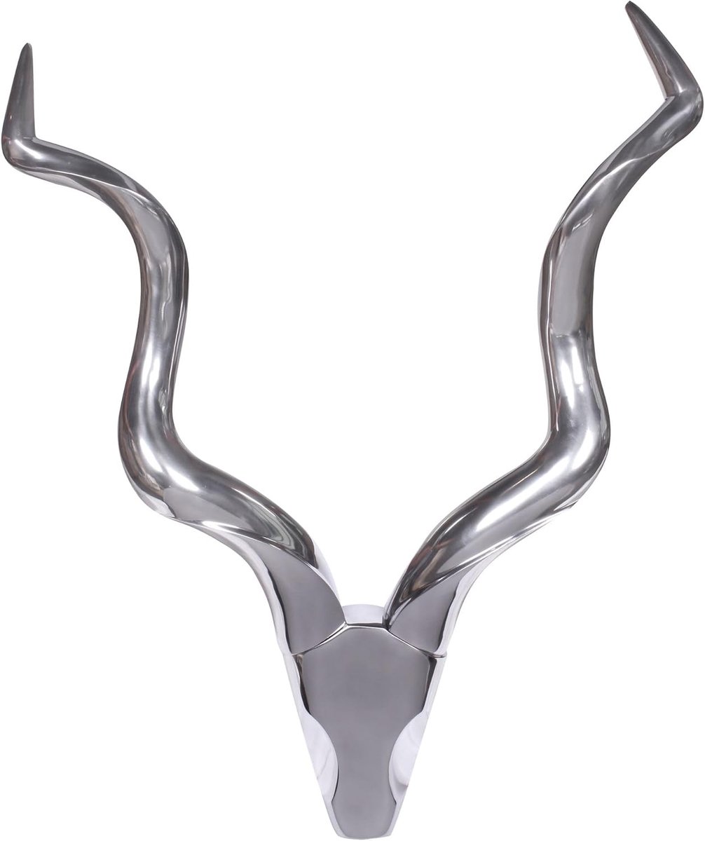 Decoratie Hertengewei Aluminium Zilver | hertenkop van metaal met 2 hoorns, wandsculptuur handgemaakt uniek exemplaar, wanddecoratie voor woonkamer en hal