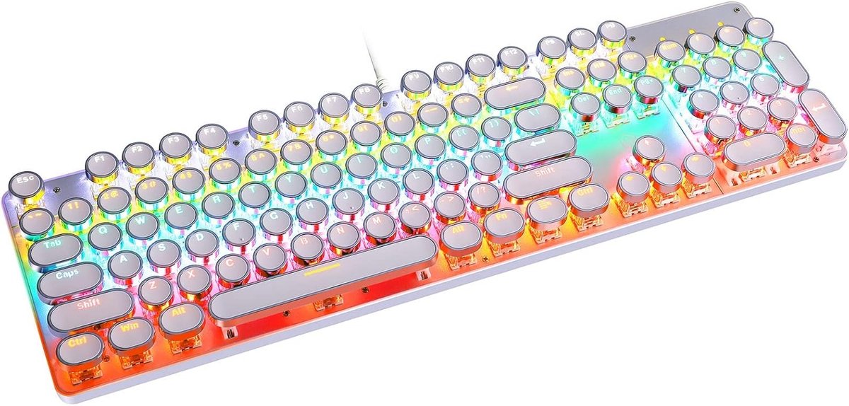 Schrijfmachine Stijl Mechanisch Gaming Toetsenbord LED Backlit Bedraad met Blauwe Schakelaar Retro Ronde Keycap 104 Toetsen Toetsenbord (Wit 104 Toetsen LED)