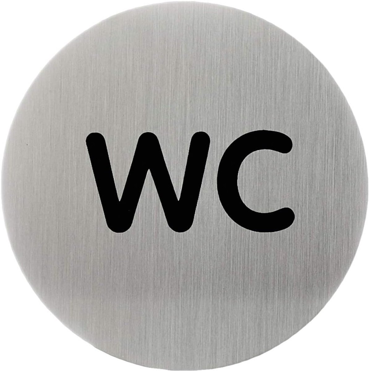 490723 Zelfklevende ronde pictogram 83mm met tekst "WC" ,metaalzilver ,heeft een diameter van 83mm