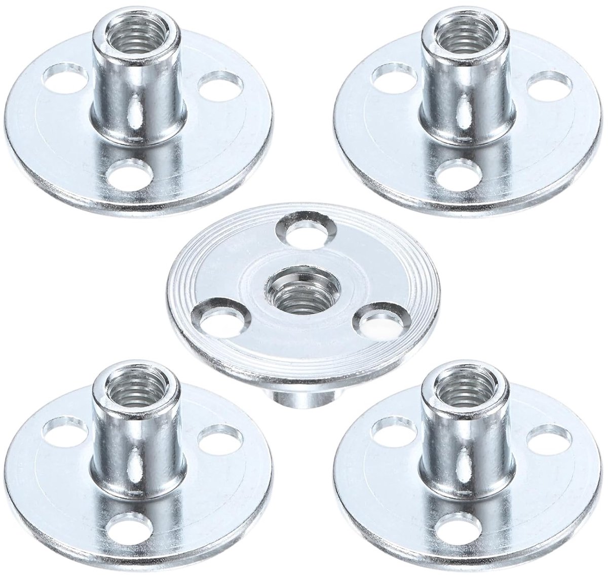 METERXITY 5-pack schroefdraadmoeren M8 x 17 mm verzinkt koolstofstaal T-moer ronde sokkel 3 gaten lasmoeren gat doorgangsgat hardware meubels flens binnendraad zilver
