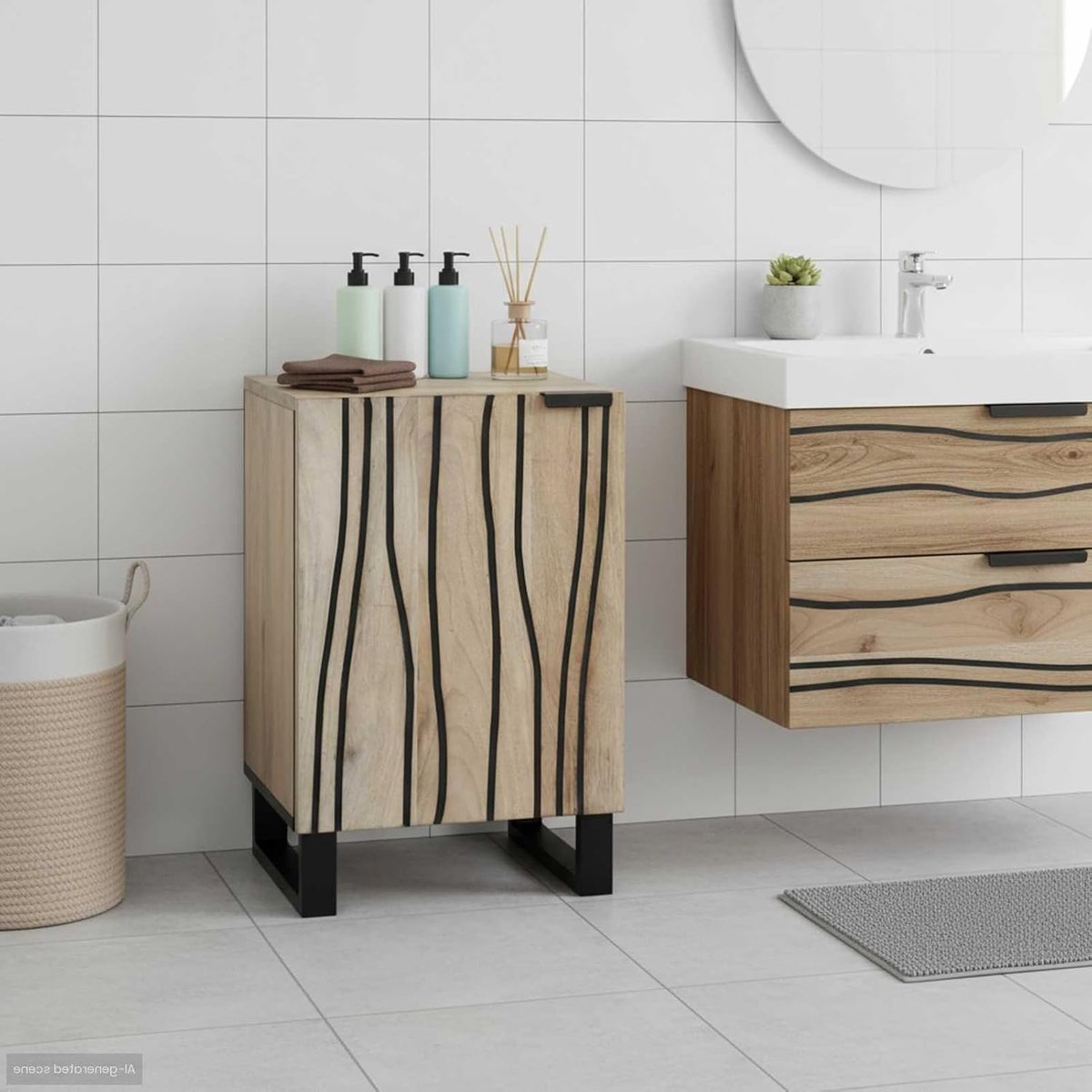 Wastafelkast met deur en 2 verstelbare planken, wit, houtmateriaal/staal, 38 x 33,5 x 58 cm, 1 stuk, voor gebruik binnenshuis