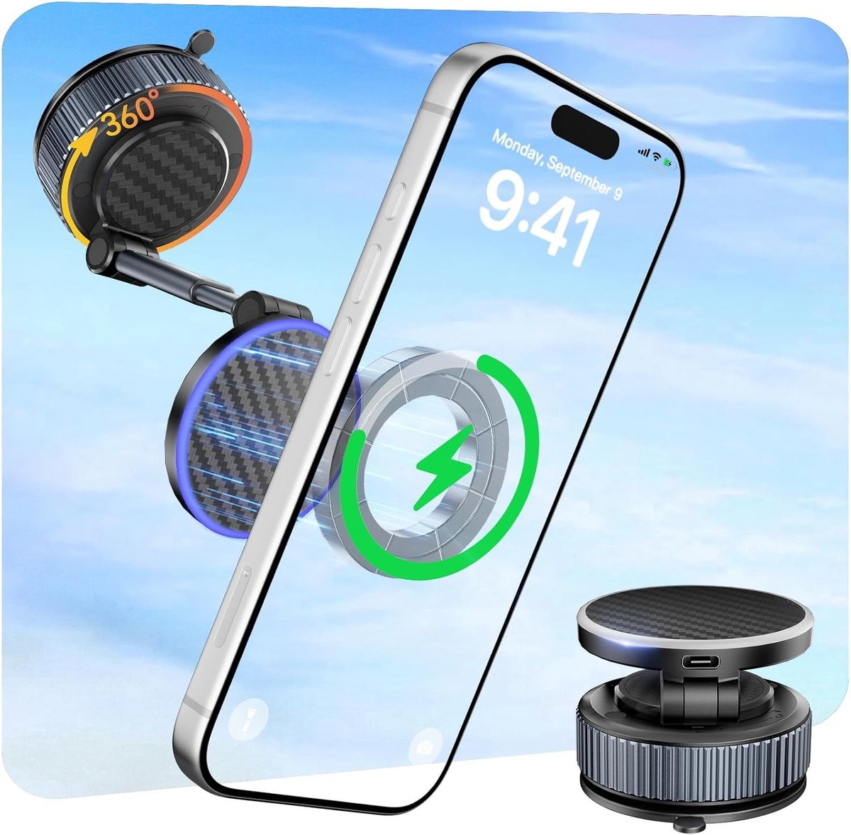 For MagSafe Car Mount Charger, 15W Wireless Rapid Charging & 360° Rotating Vacuum Suction Cup, Magnetic Phone Holder with RGB Light for iPhone 16/15/14/13/12/Dash/Windshield/Screen