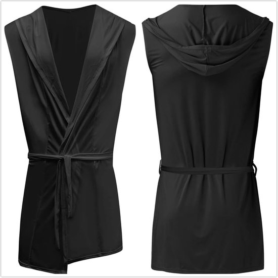 Badjas met capuchon voor heren, mouwloze zijden pyjama, nachtkleding, lichte vaste ochtendjas, spa-badjas met riem, zachte zomerpyjama voor thuis — afbeelding 3