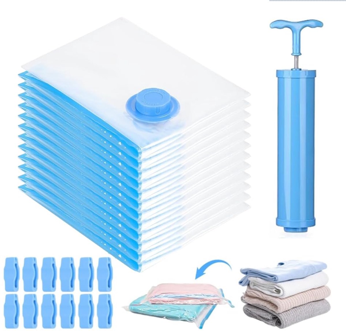 Vacuümzakken Kleding - Opbergzakken Herbruikbaar - Ruimte Maximaliseren - Dubbele Afdichting Pomp - 12 Stuks 30x40 - Blauw