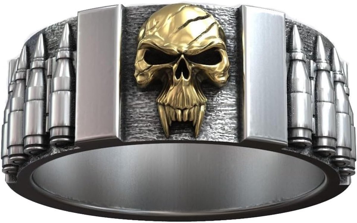 Schedel Punisher Ring Fan Art Bandolier Geoxideerd J0030 9mm 11g 6-13sz, Zilver en goud