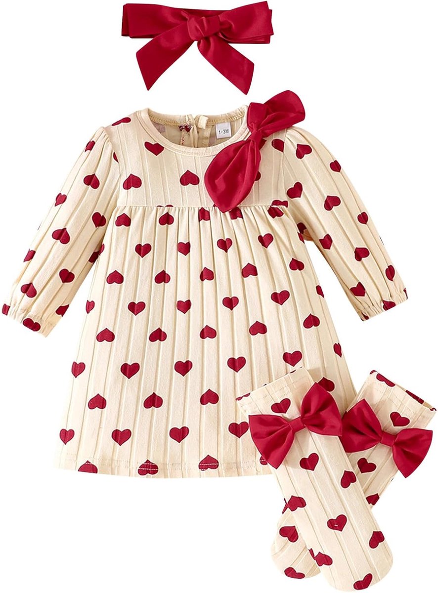 3-delige set voor babymeisjes jurk lange mouwen strik hoofdband sokken schattige bedrukte kleding voor baby's van 1-12 maanden
