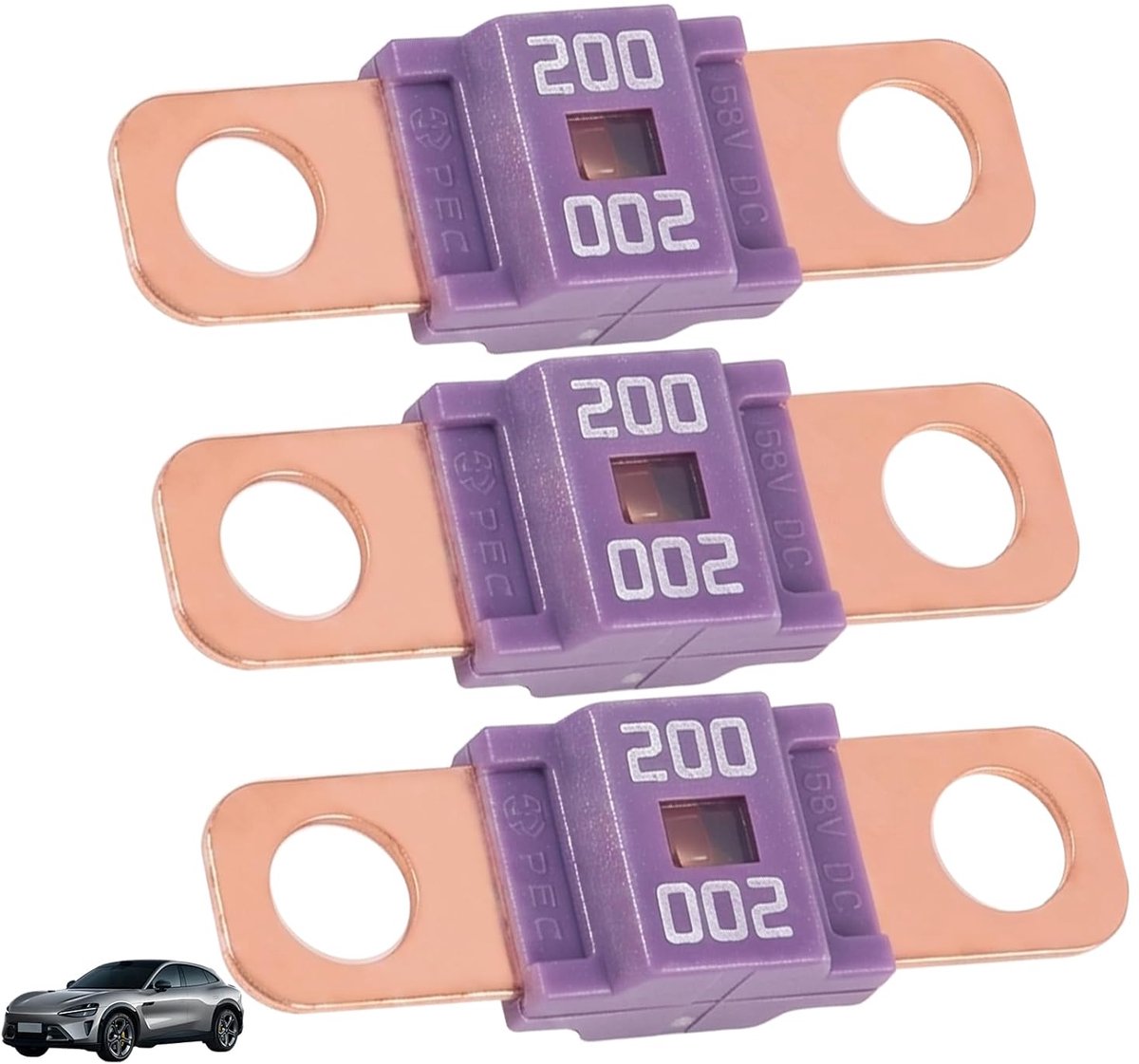 3 stuks Midi zekeringen 200 A, autozekering, hoge spanning 12 V-58 V, compatibel met auto's, vrachtwagens, bouwvoertuigen, bussen, caravans