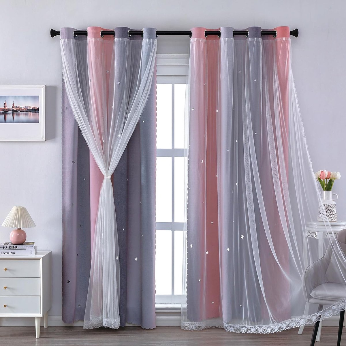 Gordijnen voor kinderkamer, verduisteringsgordijnen met decoratieve tule, sterrenmotief, 86 x 213 cm (breedte x hoogte), roze/lichtgrijs/grijs, 2 stuks
