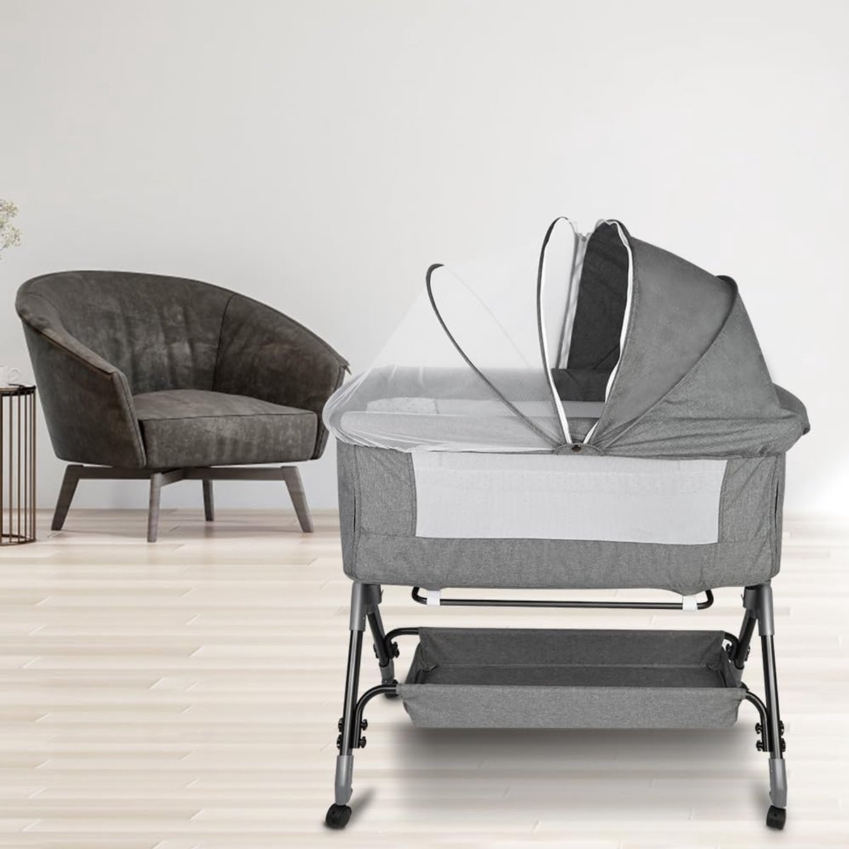 Bijzetbed voor baby's, met schommelmodus, kantelfunctie, opklapbaar zijpaneel, verstelbare hoogte, 4 wielen, 4-traps hoogteverstelling schuine-104 * 52 * 100-110 cm - linnengrijs