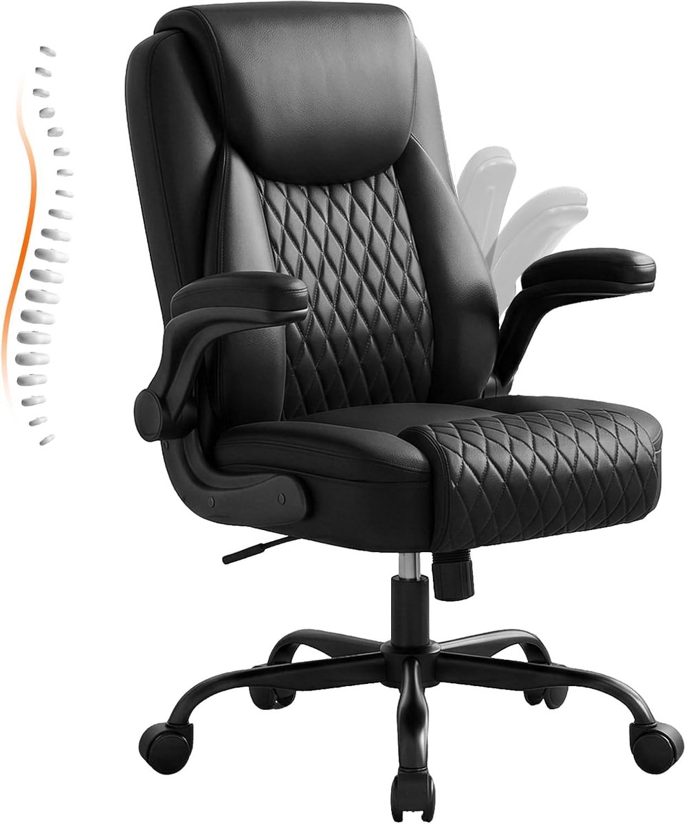 Bureaustoel, ergonomisch, bureaustoel, managersstoel met hoge rugleuning, opklapbare armleuningen, in hoogte verstelbaar, PU-leer, extra brede zitting, voor kantoor en thuiskantoor, zwart