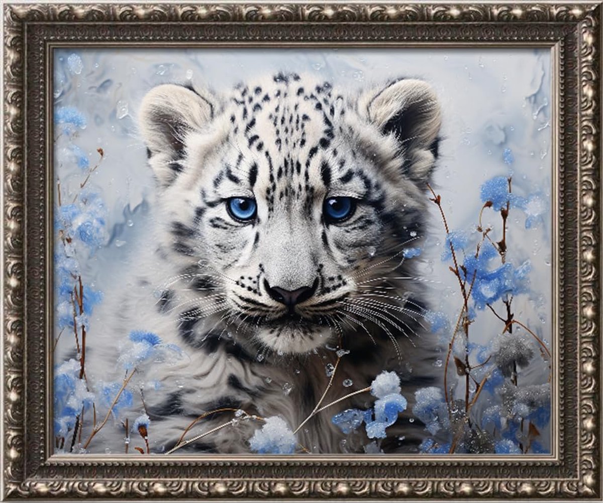 11CT 3 draden – hetzelfde borduurpakket met voorgedrukt canvas voor volwassenen en kinderen - Schattig sneeuwluipaard 42x34cm