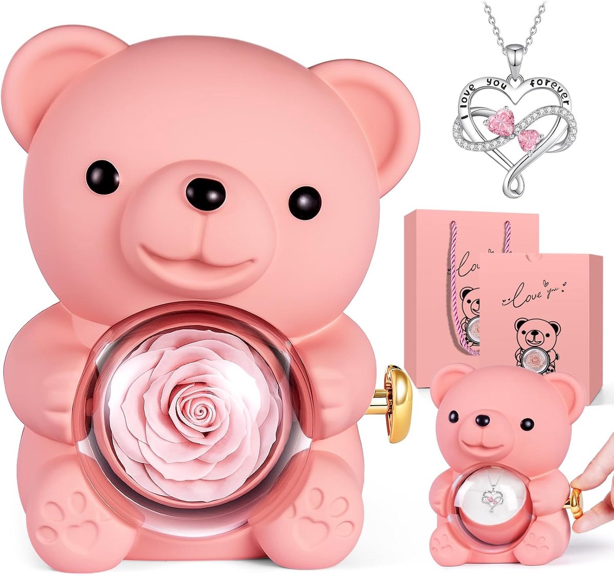 Rozenbeer geschenkdoos met halsketting, eeuwige rozenbox, rozenbeer vrouwen, moederdagcadeau voor mama, moeder, Moederdag, verjaardagscadeau (roze)