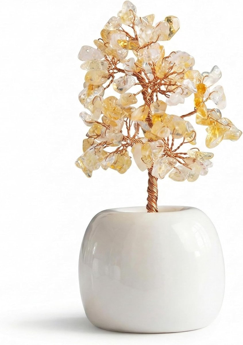 Mini levensboom van kleurrijk glas - Feng Shui geluksfiguur met geldboom sokkel met verstelbare koperen takken voor woondecoratie (veelkleurige stijl) (geel/wit)