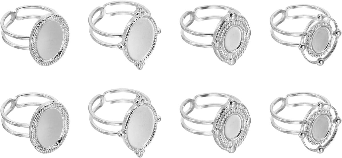 8 roestvrijstalen ringen met gladde onderkant, 8 x 6/14 x 10 mm, verstelbare ring met platte bodem voor het maken van sieraden, zilver