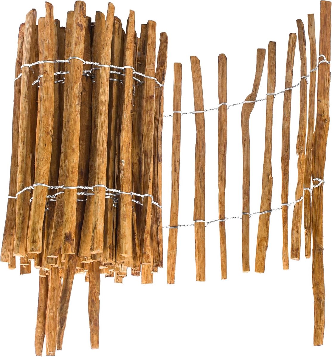 Hazelnoot-rol-insteekhek van bruin geïmpregneerd hout, 50 cm hoog en 500 cm lang, houten omheining, latafstand 4-5 cm, perfect als borderrand of padafbakening