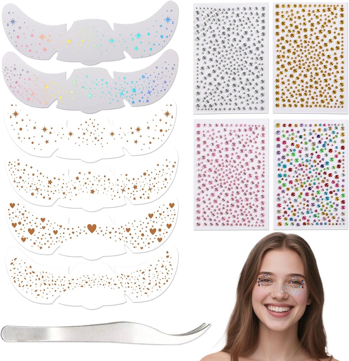 Gezichtstatoeages, glitter en waterdichte applicatie, eenvoudig aan te brengen, langdurige glans, veelzijdig gebruik, 12 stuks