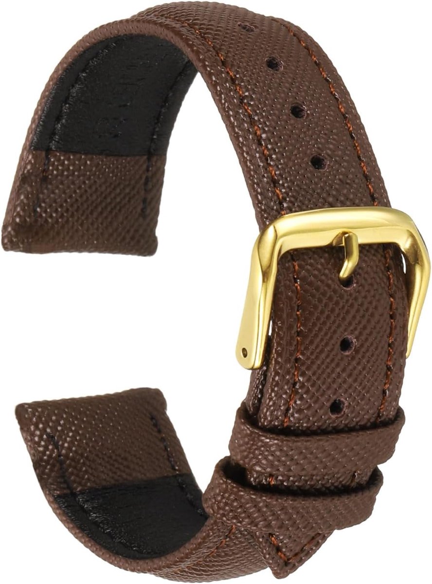 Horlogebandjes van echt leer, 20 mm, fijne korrel, vervanging, rundleer, elegant, voor dames en heren, armband met gesp van roestvrij staal, voor smartwatch, bruin, goudtint
