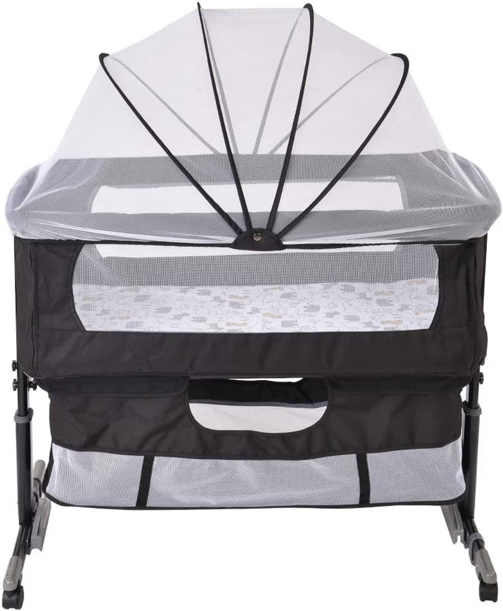 Babybed, cododo-babywieg, opvouwbaar, in hoogte en verstelbaar, matras, 4 draaibare wielen, muggennet, kantelbare wieg (93 x 57 x 71-88 cm, zwart)