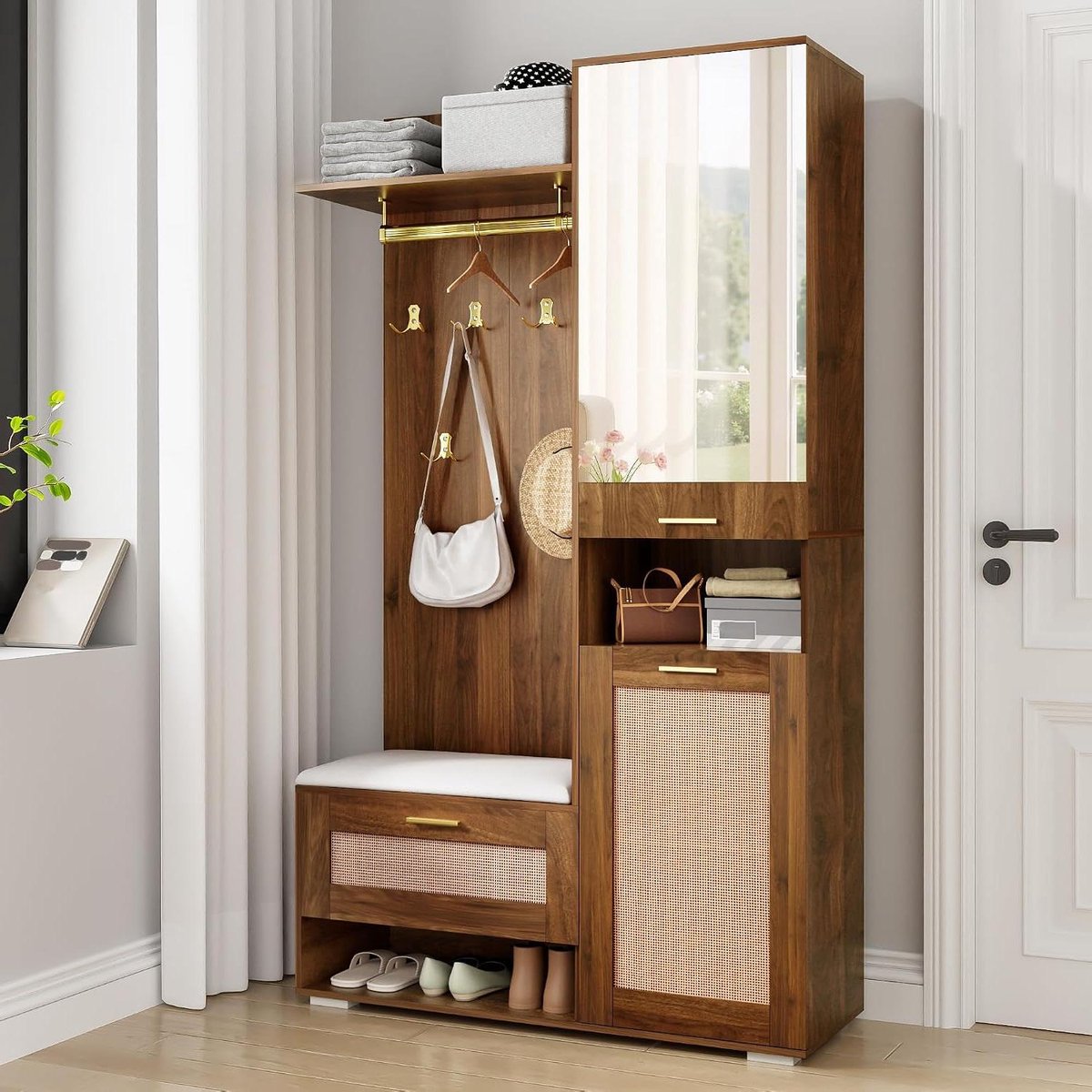 Kledingkast Set - Halmeubel Set - Entree Organiseren - Met Spiegel en LED - 110x38x190cm - Walnoot met Goud