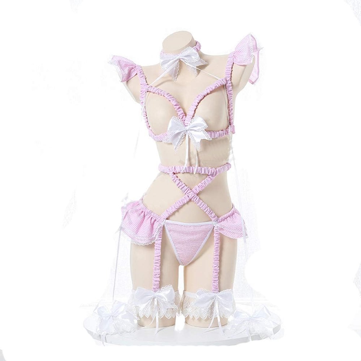 Sexy Cosplay Lingerie Set Kawaii Anime Lolita Ondergoed Rollenspel Outfit Plaid BH Slipje Pyjama Met Choker Kousenband Riem