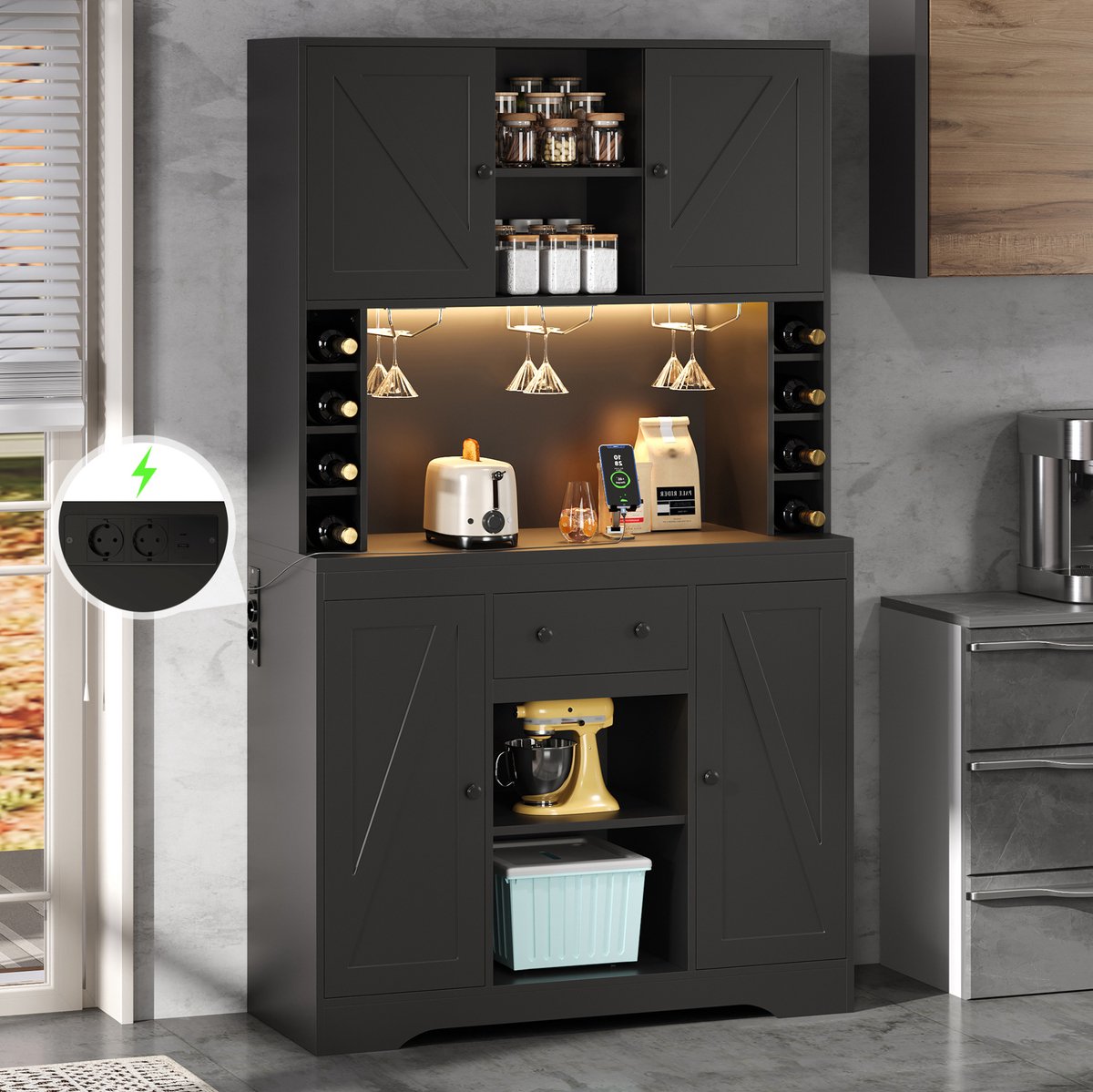 MODENUIT Keukenkast - LED, Lade En Stopcontact - Voor Keuken En Eethoek - MDF - Zwart - 105x40x180 cm