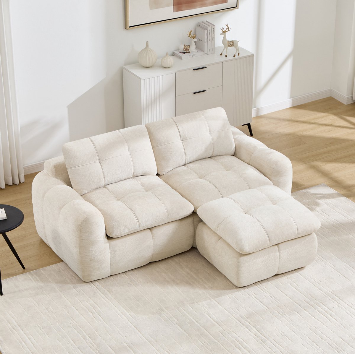 STILVORA Hoekbank 194 x 160 cm - Modulaire 2-Zits Met Hocker En Karostiksel - Voor Woonkamer En Appartement - Chenille Beige