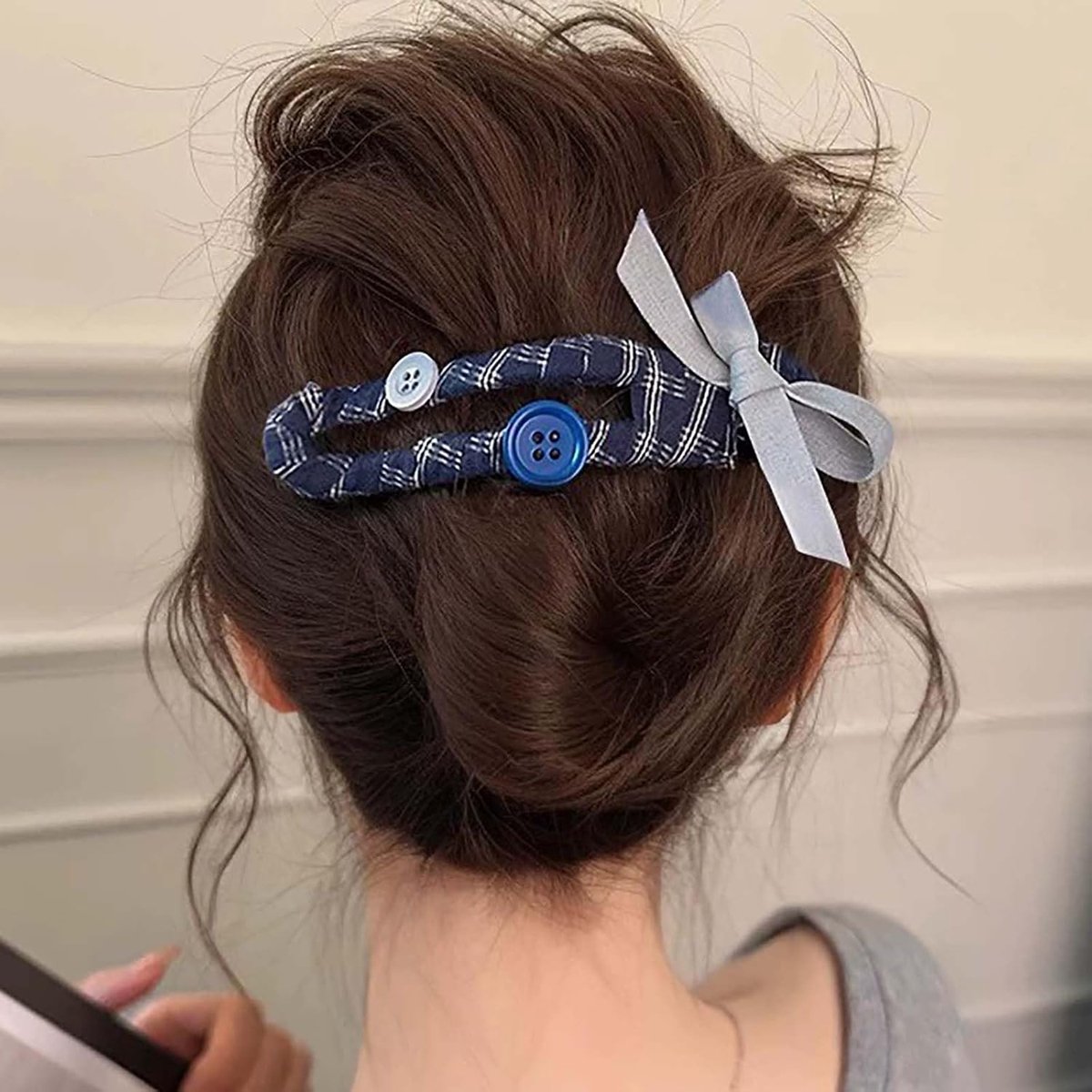 Haarspeld met strik - blauwe elastische stof - vintage boho stijl - ideaal voor krullend haar - SnelShoppen