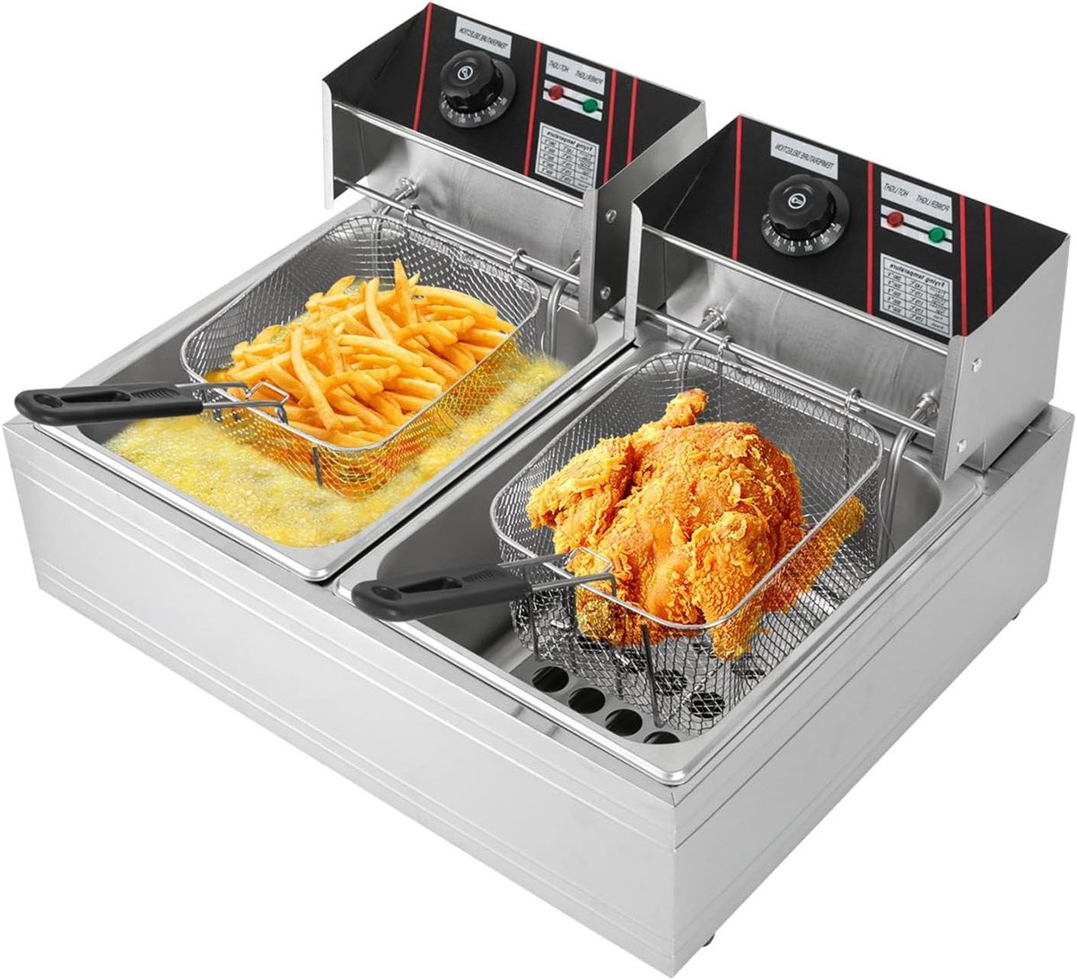 Elektrische Frituurpan - Dubbele Frituurmand - Frietjes Bakken - Dubbele Koude Zones - 2 x 6 Liter - Zilver