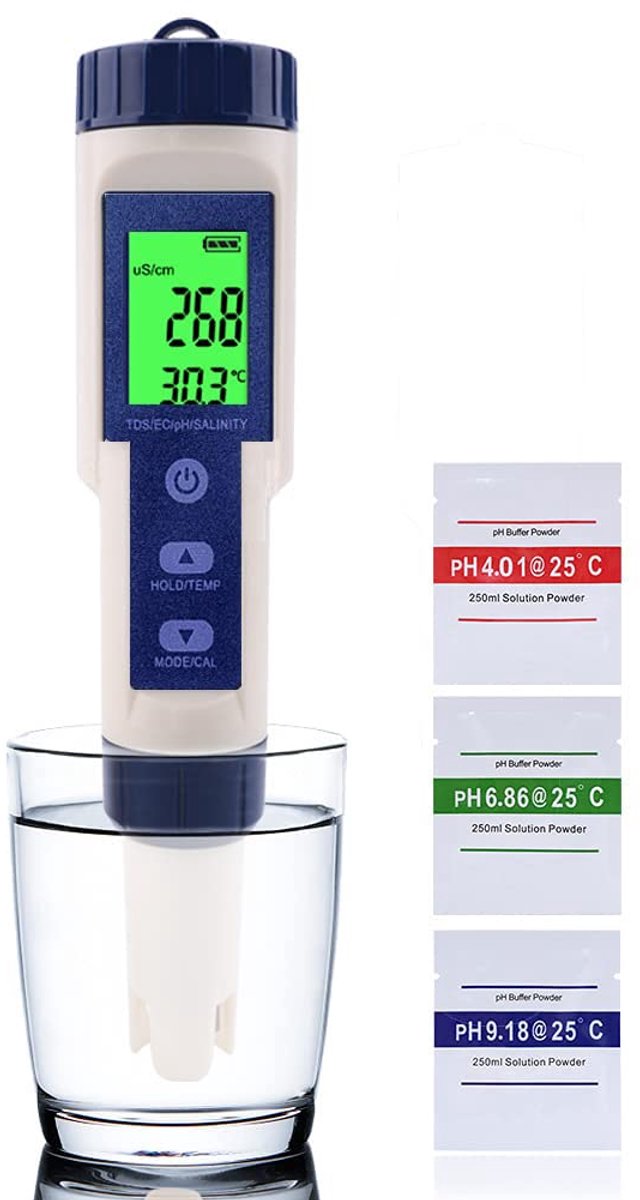 pH meter 5-in-1 met LCD scherm - waterdicht - temperatuurcompensatie - ideaal voor aquaria en tuinen - SnelShoppen